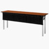 Folding conference table with black perforated modesty panel, chrome legs, and wood laminate top