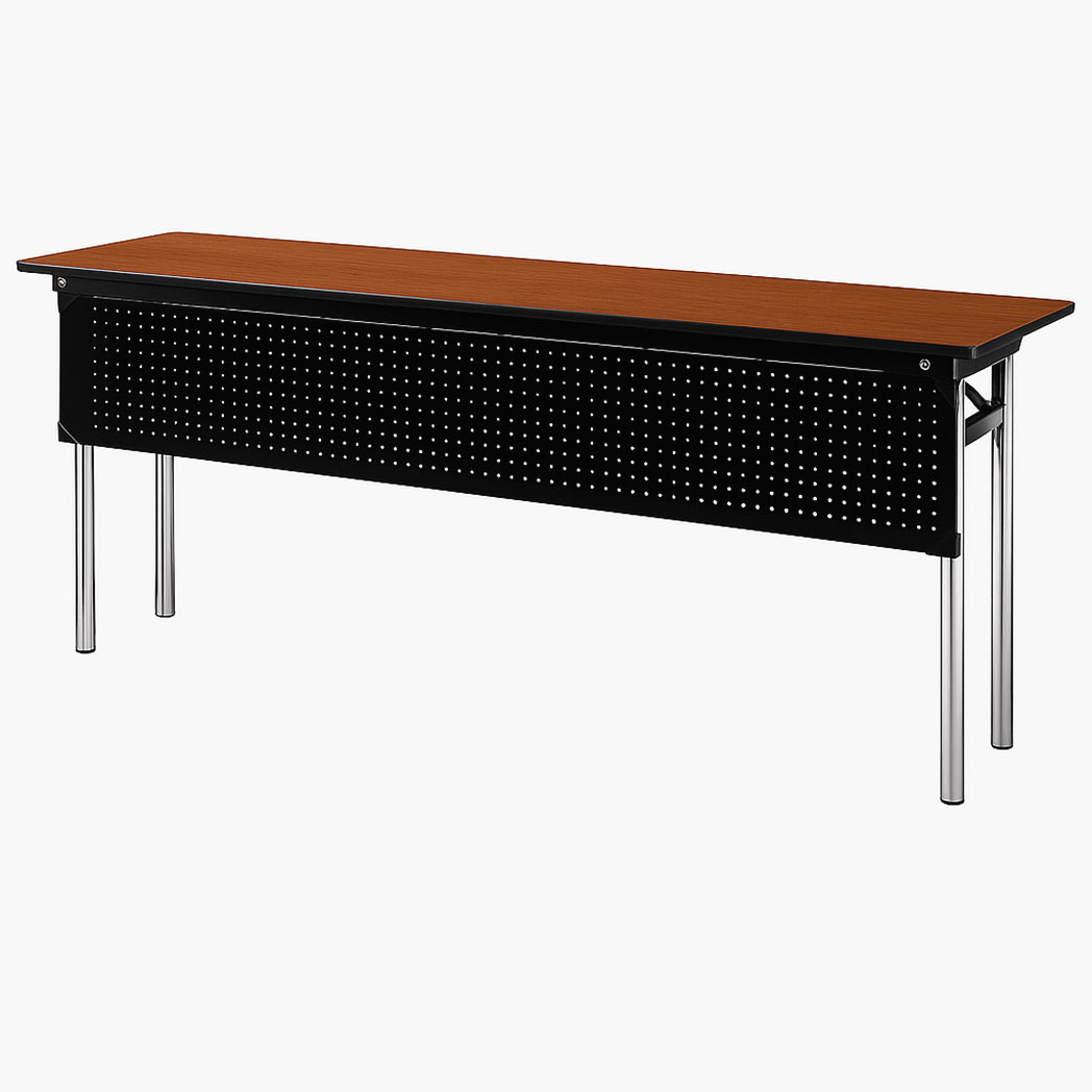 Folding conference table with black perforated modesty panel, chrome legs, and wood laminate top