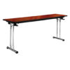 Slim folding conference table with chrome T-leg base and reddish-brown laminate wood top