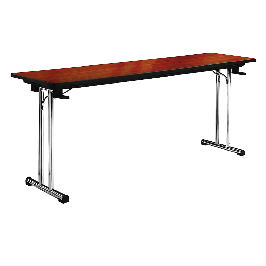 Slim folding conference table with chrome T-leg base and reddish-brown laminate wood top