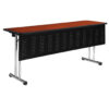 Folding conference table with chrome T-leg base, wood top, and black perforated modesty panel