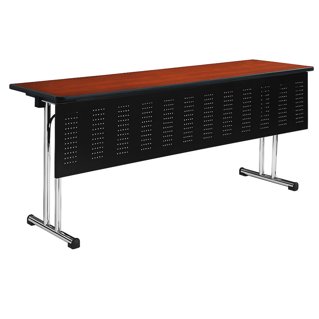 Folding conference table with chrome T-leg base, wood top, and black perforated modesty panel