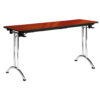 Folding training table with chrome arched legs and reddish-brown laminate wood top