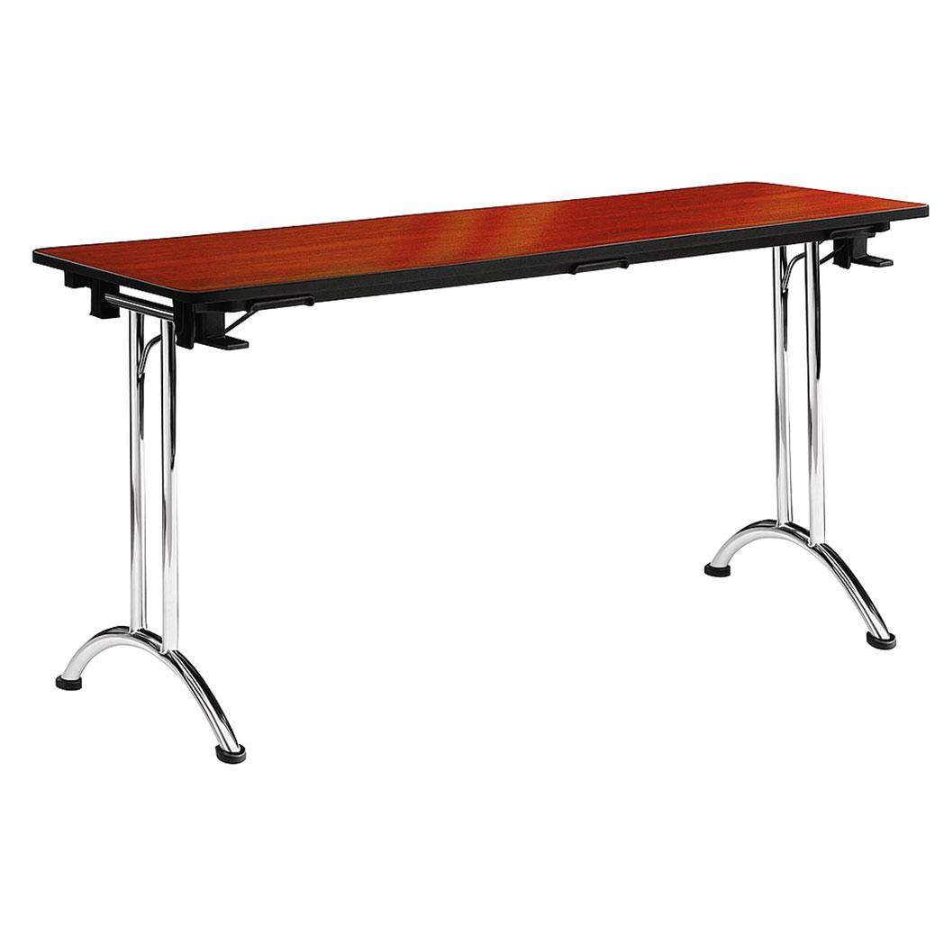 Folding training table with chrome arched legs and reddish-brown laminate wood top