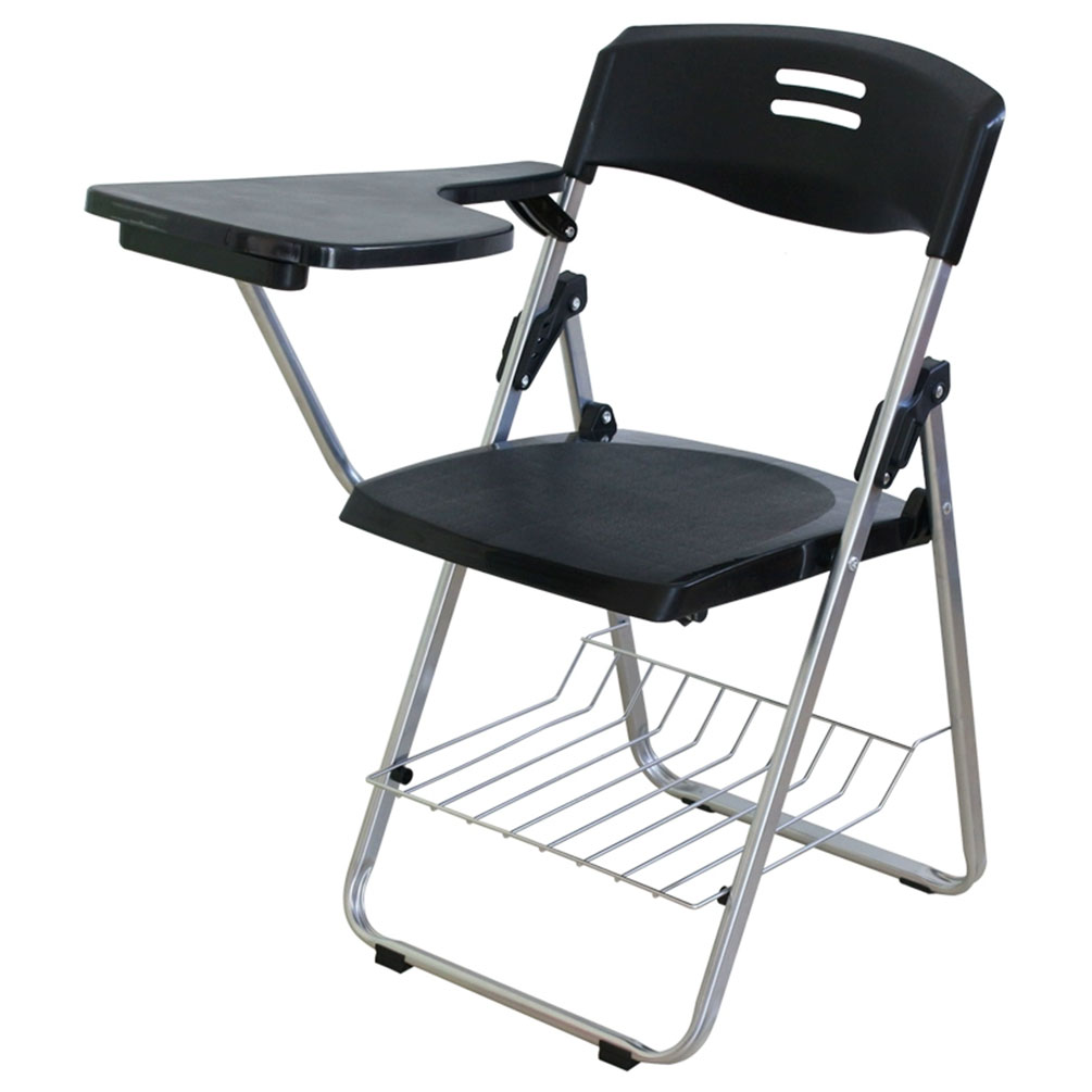 Foldable student chair with writing tablet and book rack – black