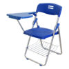 Blue folding student chair with side writing tablet and under-seat book rack