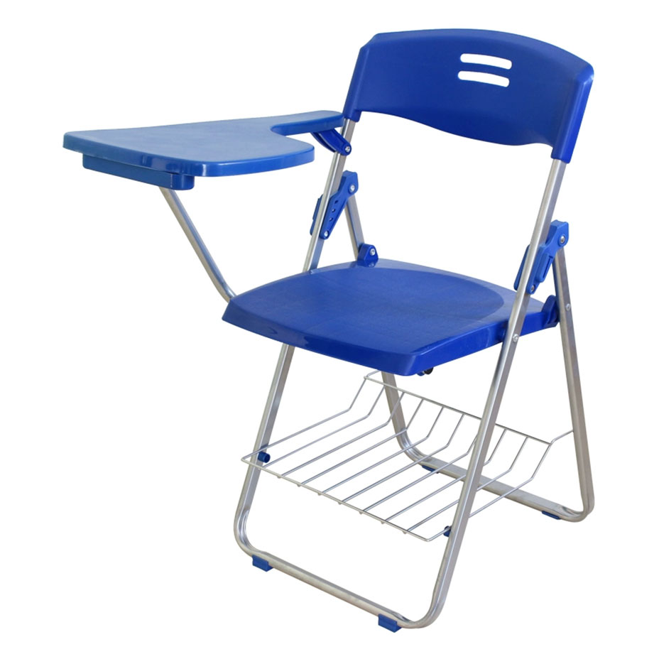 Blue folding student chair with side writing tablet and under-seat book rack