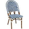 Commercial-grade blue French bistro chair with chevron weave and brown aluminum frame