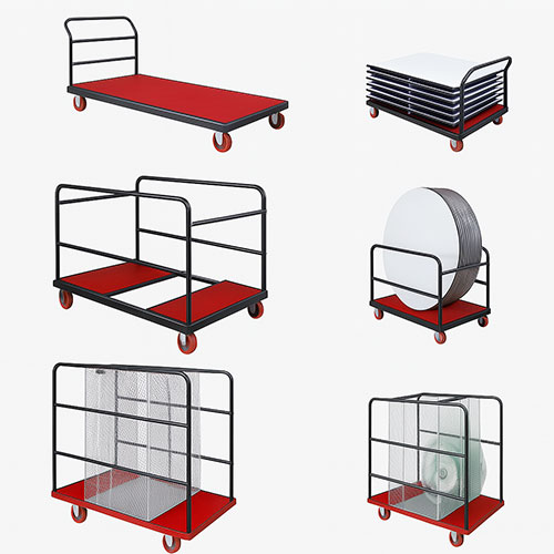 A clear high-resolution image of six types of banquet table trolleys with red bases and black frames, designed for transporting banquet tables and chairs efficiently.