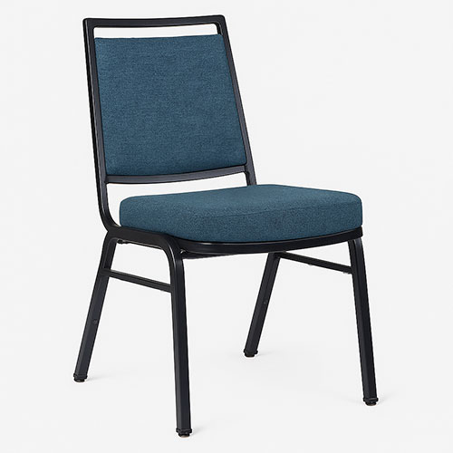 Close-up of a stackable banquet chair featuring a durable steel frame and thick upholstered seat, ideal for conferences, hotels, and banquet halls