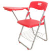 Red folding student chair with attached writing desk and under-seat storage rack