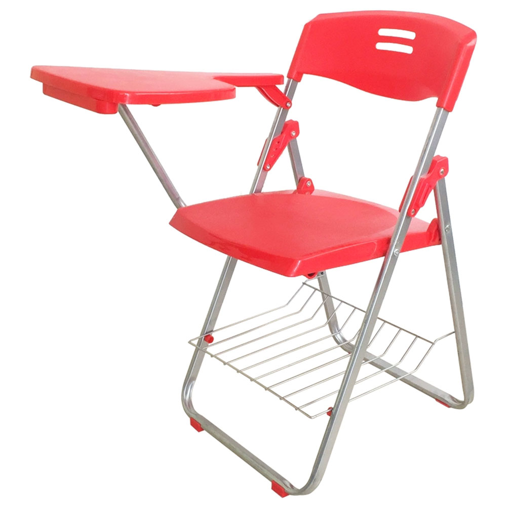 Red folding student chair with attached writing desk and under-seat storage rack