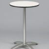 Round foldable cocktail table with light wood top and chrome base, ideal for events and banquets