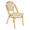 Commercial-grade French bistro chair with beige and maroon PE rattan weave and wood-grain aluminum frame