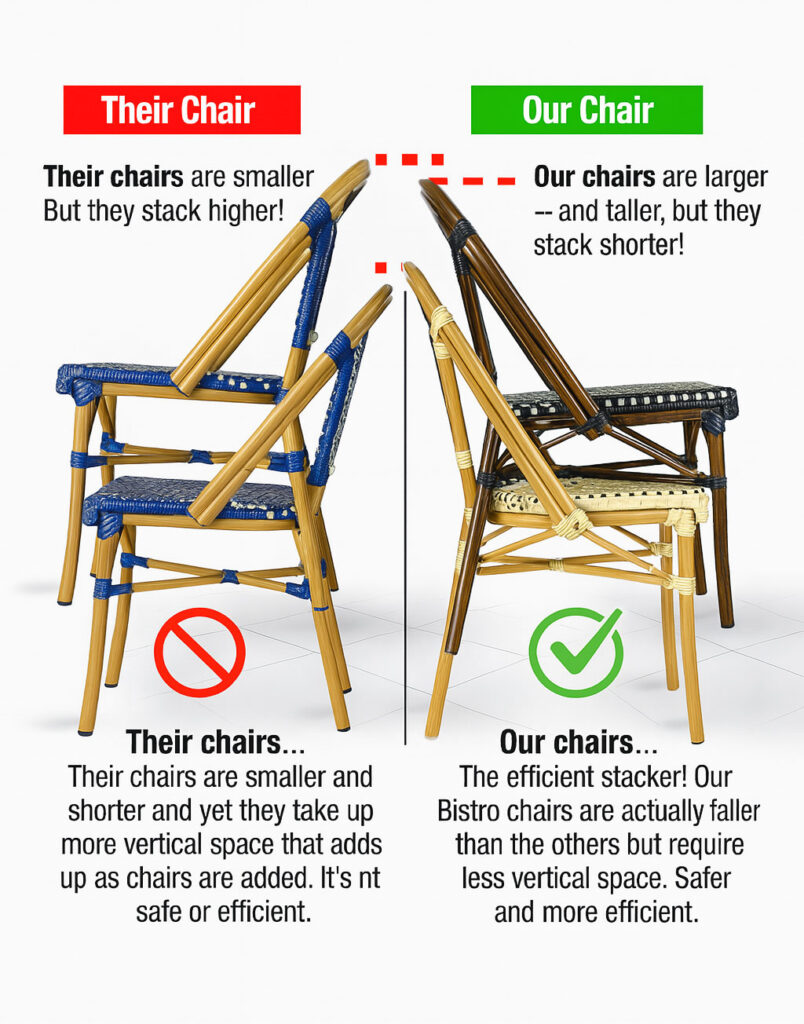  Side-by-side stacking comparison of French bistro chairs showing how our chairs are taller but stack lower and more efficiently than smaller competitor chairs