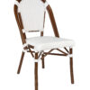 Armless French bistro chair with white woven PE rattan seat and back, and dark wood-look aluminum frame