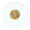 Top view of a round tempered glass Lazy Susan turntable featuring a detailed gold dragon base with central bearing