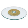 Round glass Lazy Susan turntable with carved gold base and smooth bearing, perfect for banquet or restaurant tables