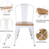 Industrial-style white metal dining chair with wood seat showing waterproof seat, smooth surface, tight back connection, nonslip pads, and reinforcing brace