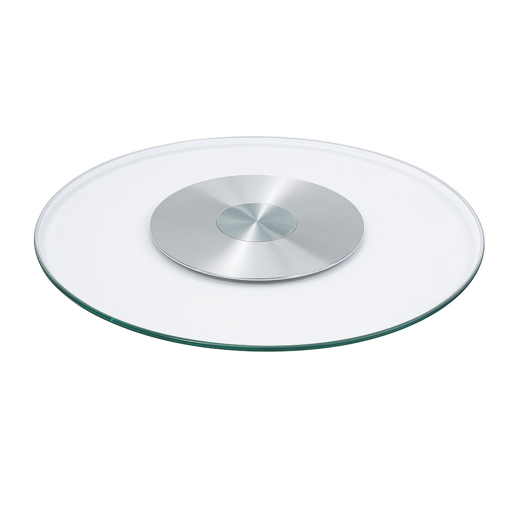 Tempered Glass Lazy Susan Turntable with Silver Aluminum Center – Custom Size for Banquet Dining Tables