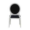Back view of a Louis-style hotel dining chair with white wooden frame and smooth black upholstered backrest