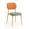 Celestia Stacking Dining Chair with terracotta backrest and sage green seat, wood grain frame, modern restaurant and banquet seating