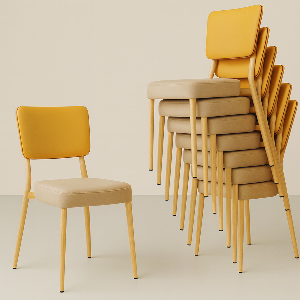 Stackable wood grain dining chairs for restaurants and banquet halls