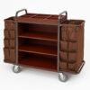Professional hotel housekeeping cart with shelves, dual linen bags, and multiple storage pockets for amenities and cleaning supplies
