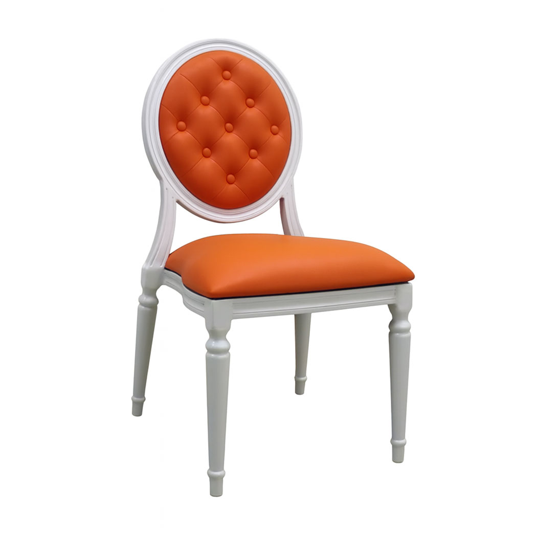 Louis-style hotel dining chair with white aluminum frame and vibrant orange upholstered seat and tufted backrest