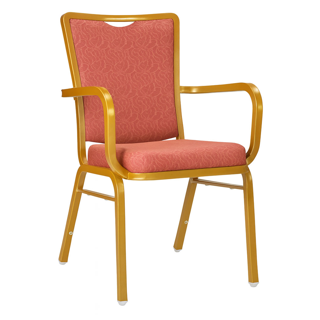 Elegant red upholstered banquet chair with patterned fabric, gold steel frame, and armrests – comfortable seating for hotels, weddings, and conferences.
