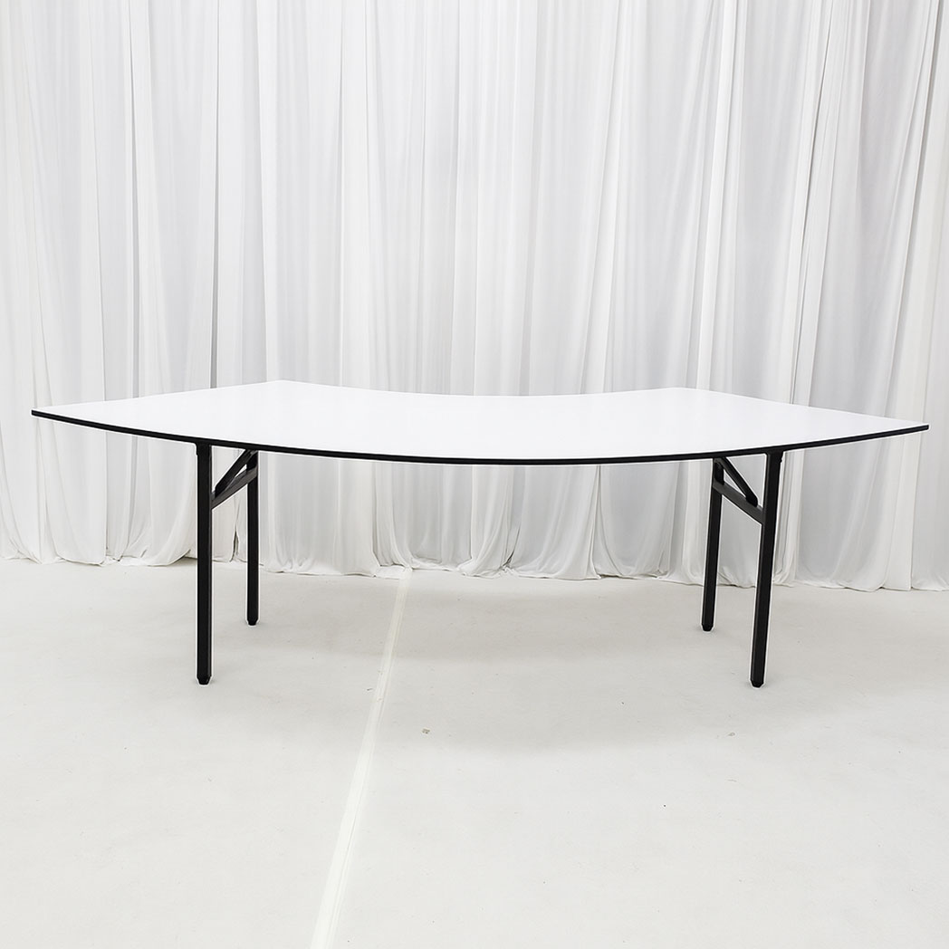 White PVC laminated single serpentine banquet table piece with folding legs