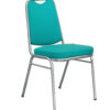 Side view of a teal banquet chair with chrome metal frame and upholstered seat and backrest, ideal for hotels, conferences, and events