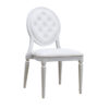 Elegant Louis-style hotel dining chair with white aluminum frame and white upholstered seat and tufted backrest