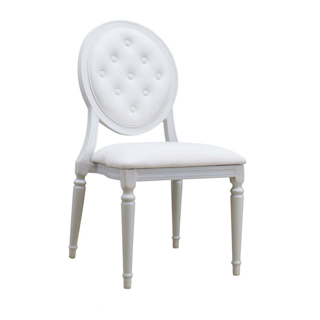 Elegant Louis-style hotel dining chair with white aluminum frame and white upholstered seat and tufted backrest