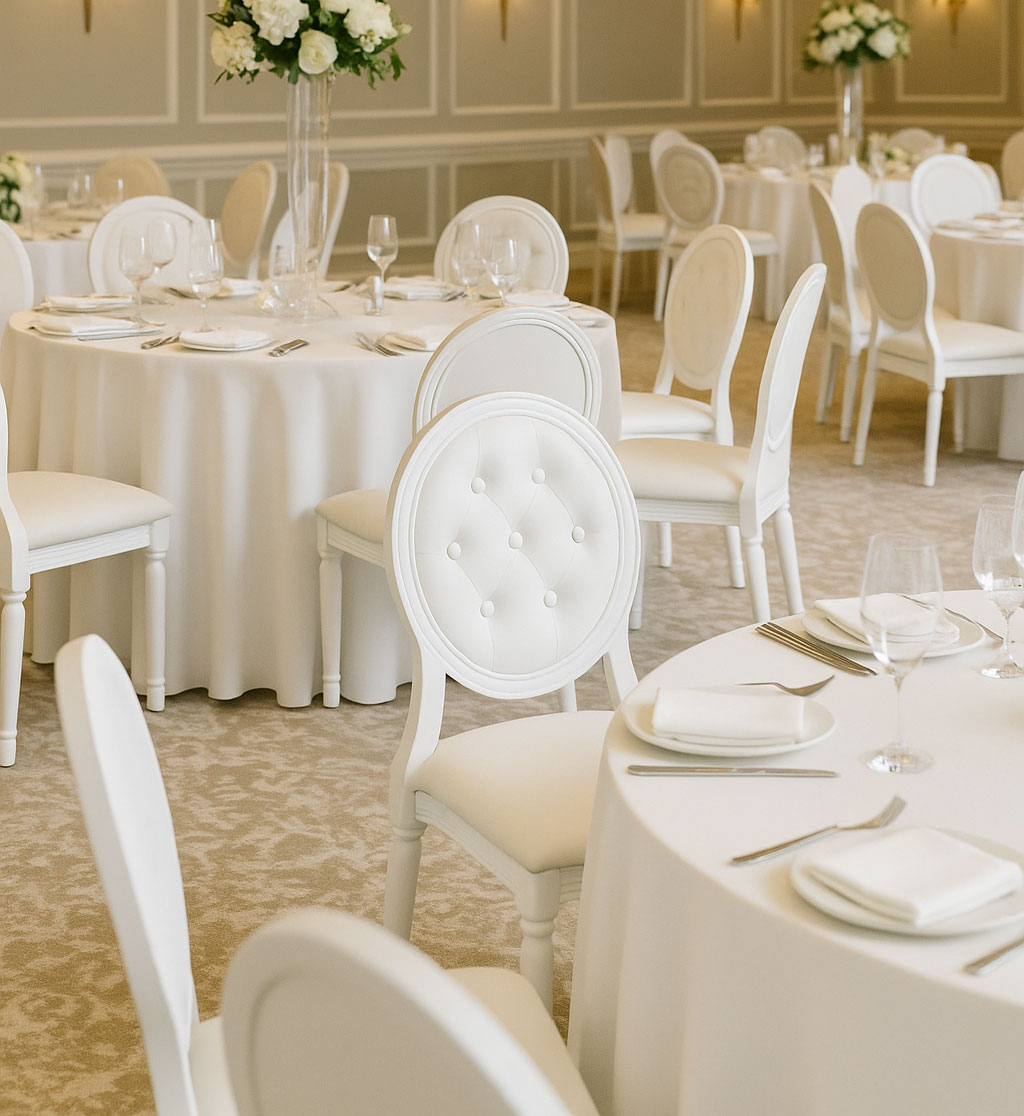 Hotel banquet hall with white Louis-style dining chairs and round tables set for events