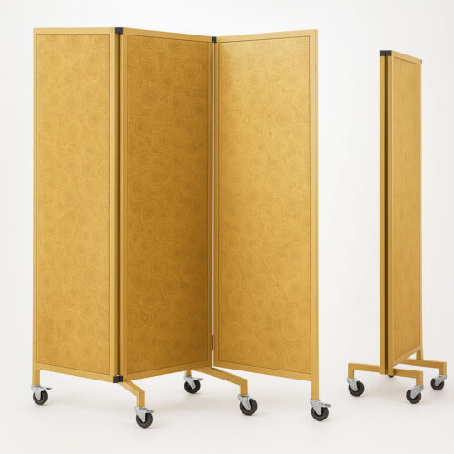 Gold hotel banquet partition with folding panels and caster wheels, movable acoustic room divider for conference and event halls, size 620W × 1860D × 1800H mm