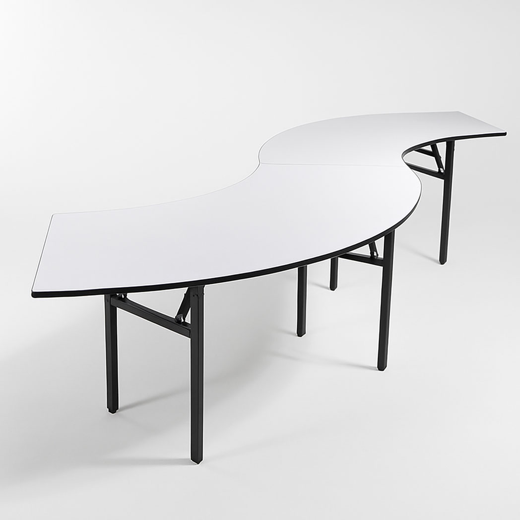 White PVC top serpentine banquet table in S shape with folding black metal legs for weddings and events