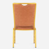Back view of red upholstered banquet chair with patterned fabric and sturdy gold steel frame.