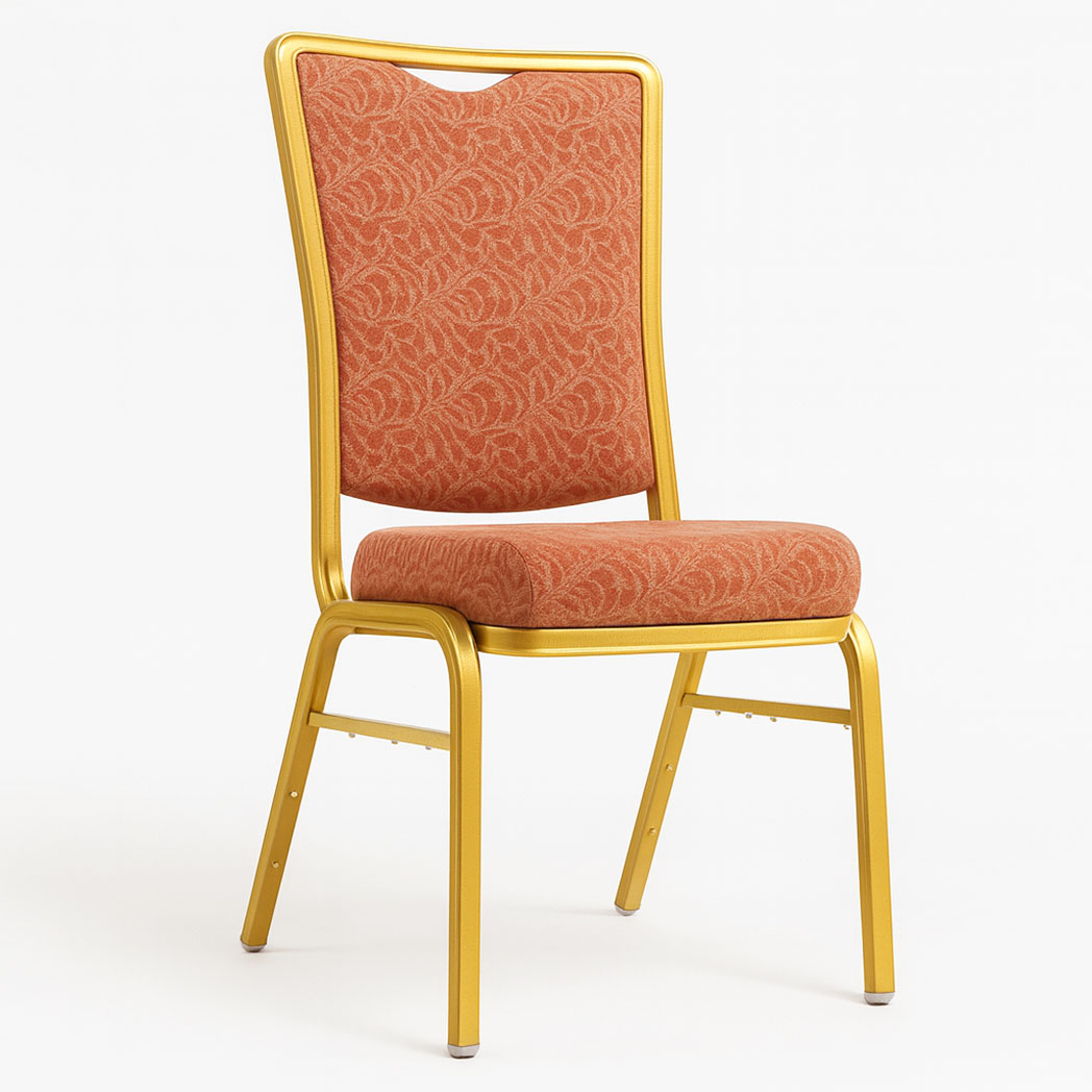 Red upholstered banquet chair with patterned fabric and gold steel frame, padded seat and backrest, stackable for hotels and events.
