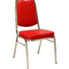 Front view of red vinyl banquet chair with polished stainless steel square tube frame, ideal for hotels and event venues