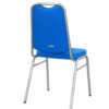 Back view of a stackable banquet chair with blue seat and backrest and chrome frame