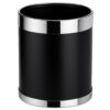 Black hotel room waste bin with polished stainless steel top and bottom rings