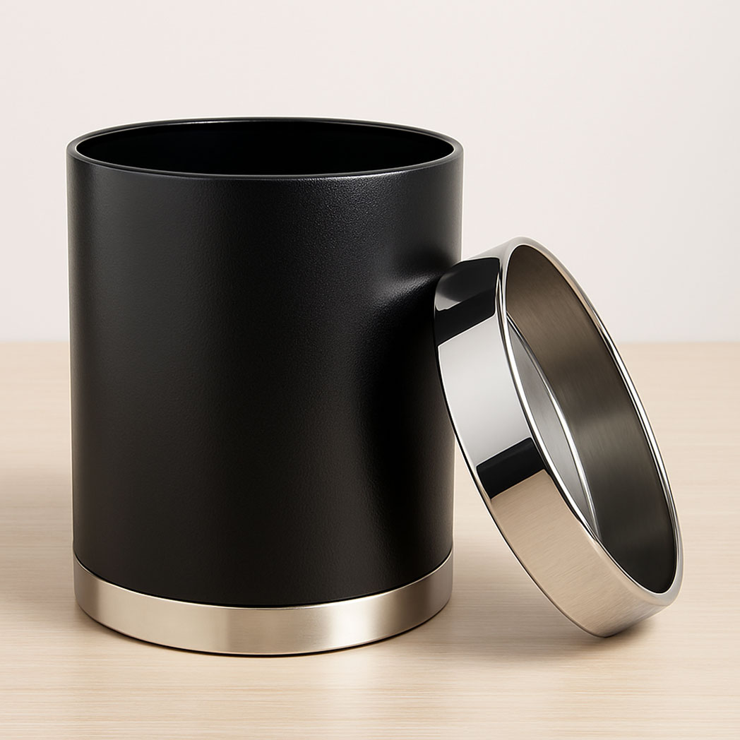 Black hotel waste bin with removable polished stainless steel top ring