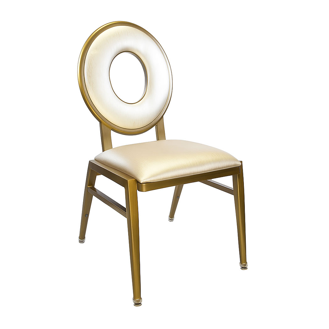 Rhythm Back Banquet Chair 25° Left Angle – Gold Aluminum Frame with Upholstered Seat
