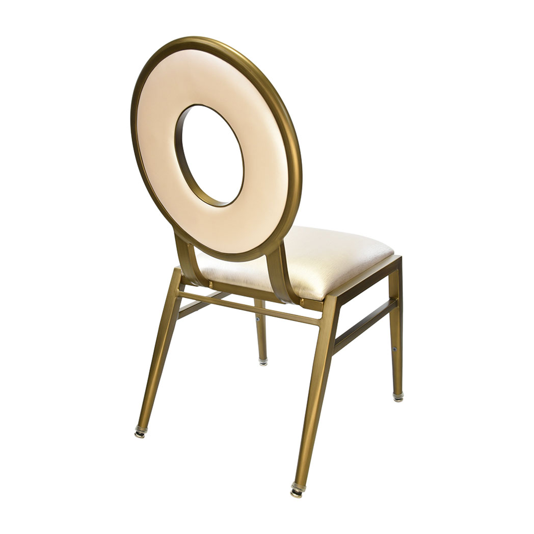 Rhythm Back Banquet Chair back angle view with gold aluminum frame and upholstered seat