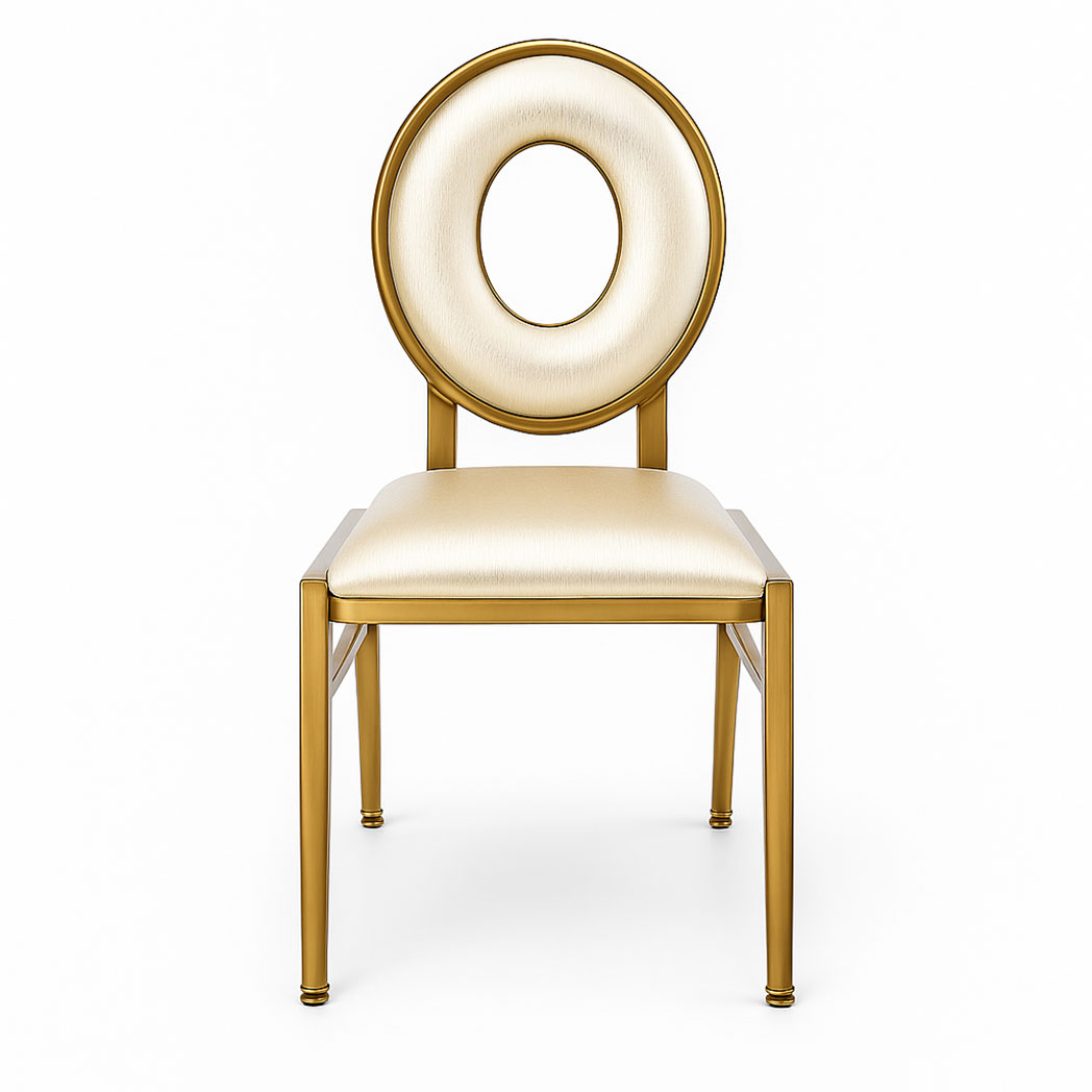 Front View of Rhythm Back Banquet Chair – Gold Aluminum Frame with Padded Seat for Hotel & Banquet Events