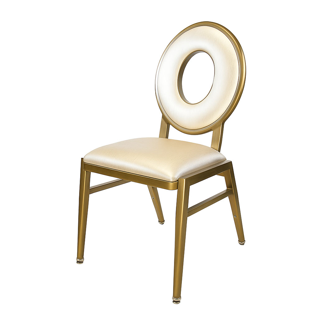 Rhythm Back Banquet Chair right angle view with gold aluminum frame and padded seat