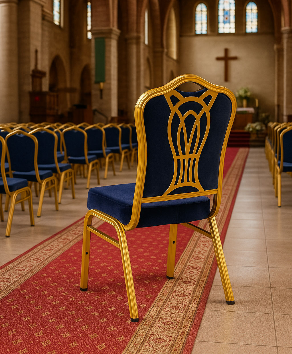 Gold frame banquet and church chair with blue velvet upholstery placed inside an African church, showing decorative flower-back design