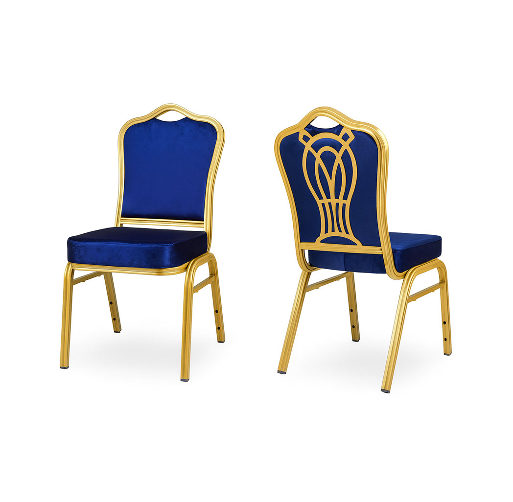 Gold frame banquet and church chair with blue velvet upholstery showing front and decorative flower-back design