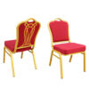 Gold frame banquet and church chair with upholstered seat and decorative flower-back design, showing side and back view